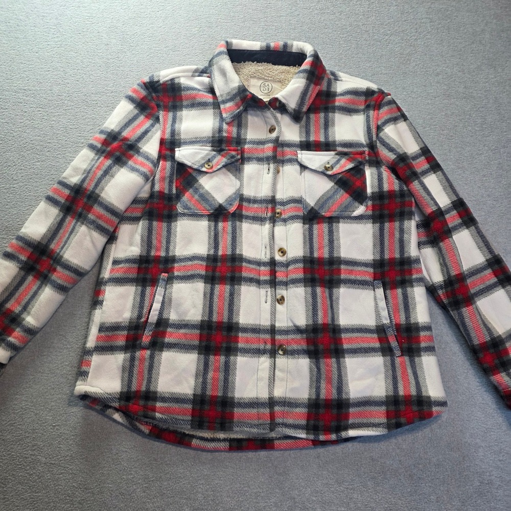 SAGE Collective Shacket Flannel Shirt Jacket Womens L Plaid Sherpa Lined Cozy